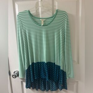 Matilda Jane Talk Tomorrow Top Preplum Green Stripes and Blue Polka Dots Shirt M
